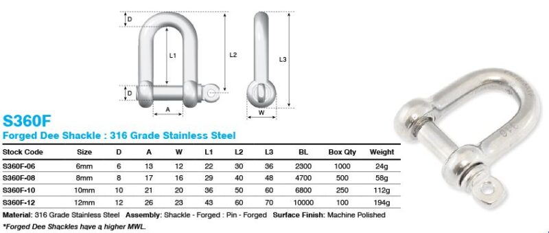 6MM SS D SHACKLE 316 FORGED