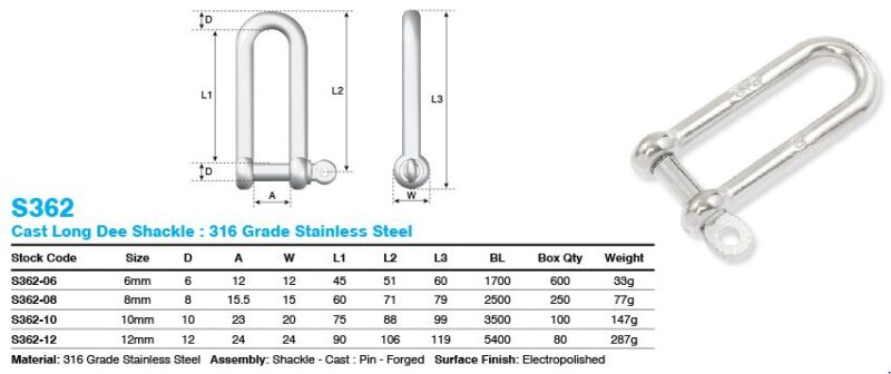 10MM CAST LONG D SHACKLE SS 316 - Image 2