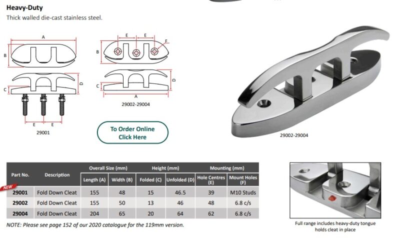 FOLD DOWN CLEAT STAINLESS STEEL 204MM