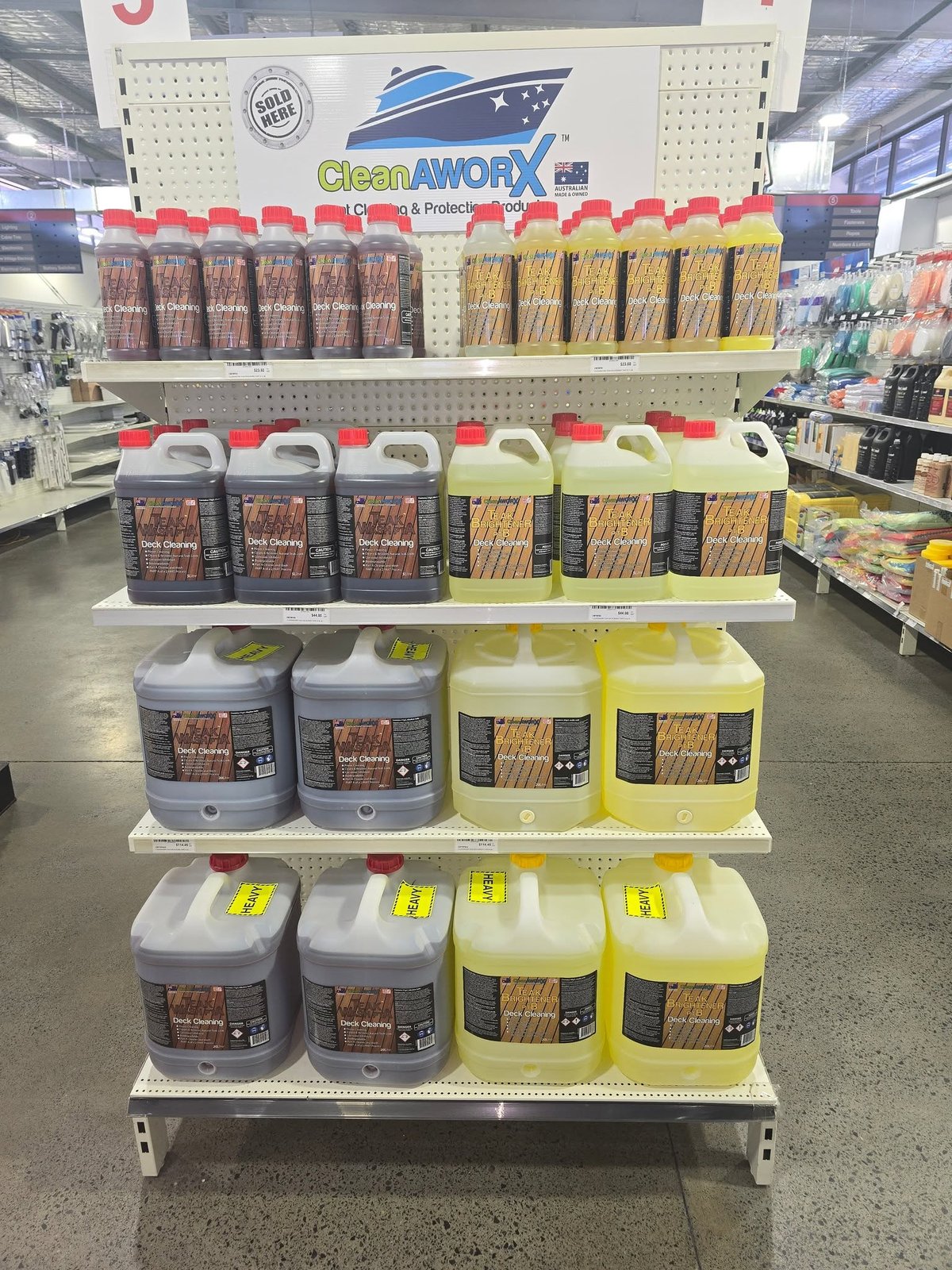 CleanAWORX deck cleaning end display in store at Marine Trade Supplies, Coomera