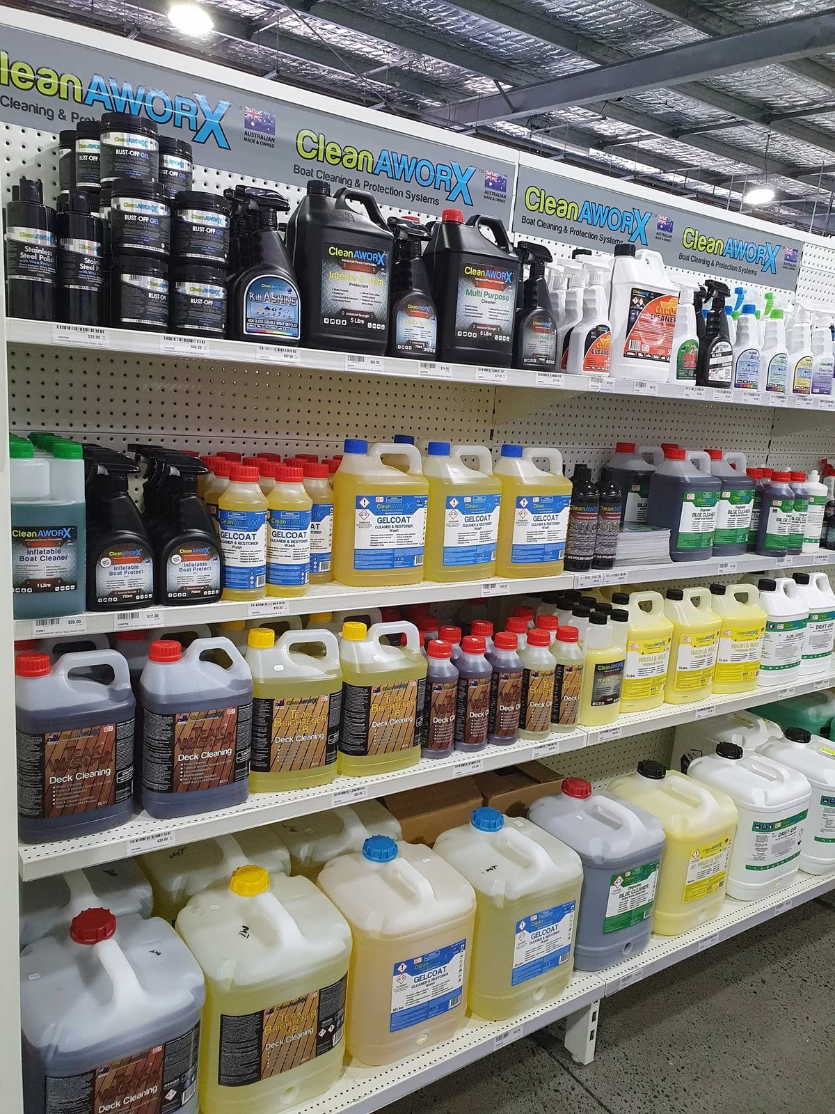 Full CleanAWORX shelving with gelcoat cleaner, deck cleaning and boat wash in 5L and 20L at Marine Trade Supplies, The Boat Works Coomera