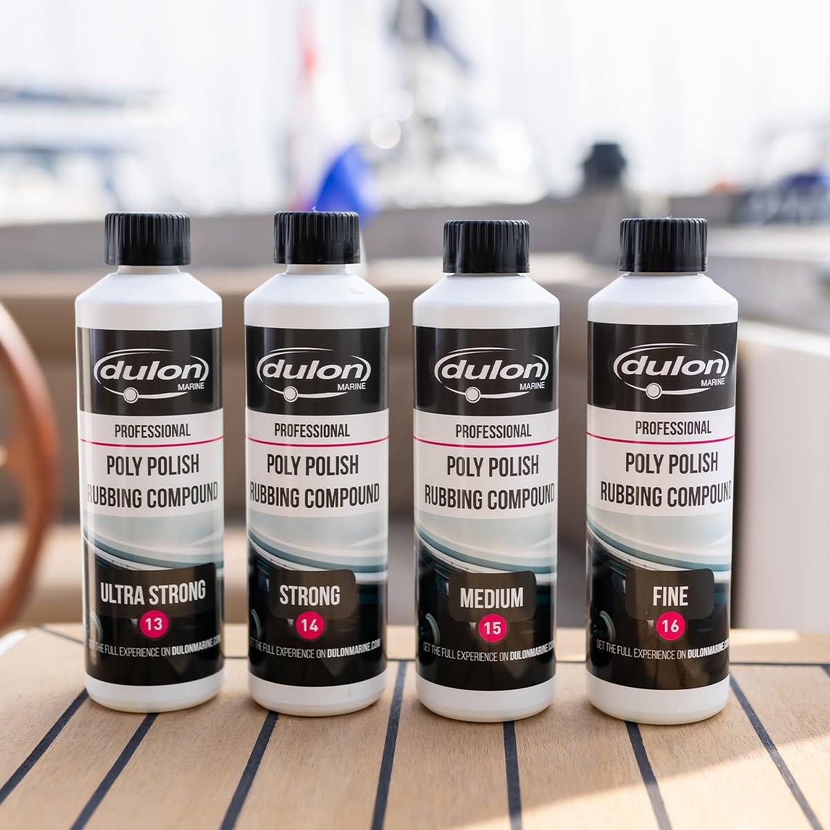 Dulon Professional Poly Polish Rubbing Compound 13 Ultra Strong, 14 Strong, 15 Medium and 16 Fine on a teak deck at Marine Trade Supplies Coomera