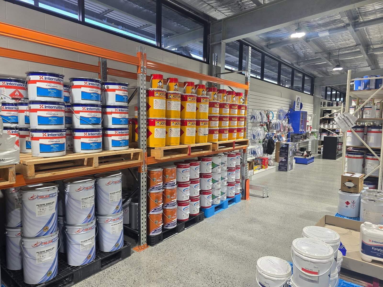 Paint Locker antifoul and paint aisle at Marine Trade Supplies Coomera