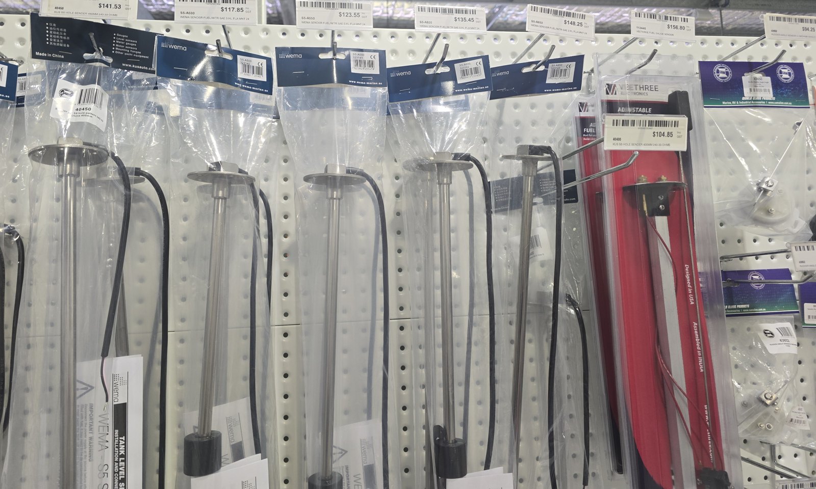 Wema fuel and water senders on the shelf at Marine Trade Supplies Coomera