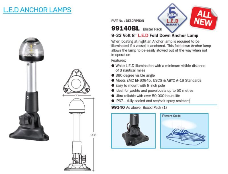 NARVA 9-33V 8" F/DOWN ANCHOR LAMP