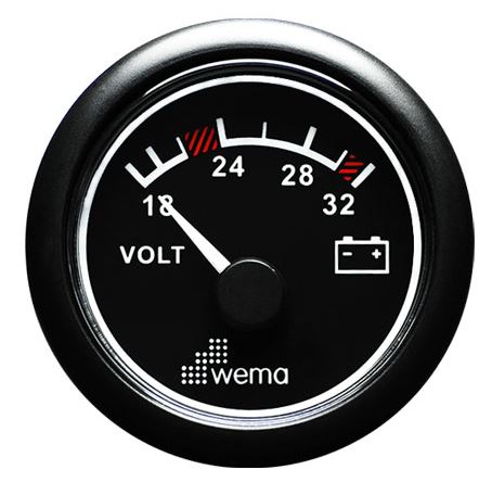 WEMA VOLT GAUGE 18-32 VDC BLK DIAL BLK PLAS BZL 52MM