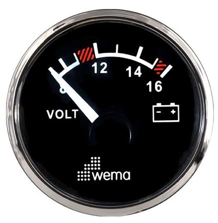 WEMA VOLT GAUGE 8-16 VDC BLK DIAL S/STEEL BZL 52MM