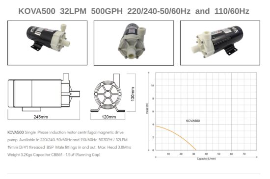 KOVA CENTRIFUGAL MAGNETIC DRIVE 500GPH 240V PUMP