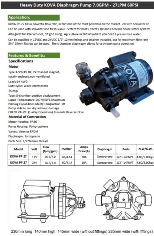 KOVA 24VDC 27LPM 60PSI PUMP
