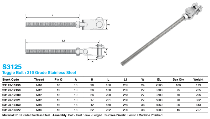 M10 X 150MM PRORIG TOGGLE BOLT 316 GRADE