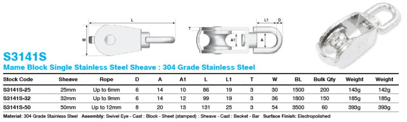 50MM BLOCK WITH SS SHEAVE 304 SINGLE