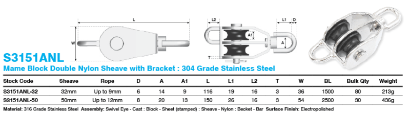 50MM DUAL BLOCK/BECKET NYLON SHEAVE SS 304 - Image 2