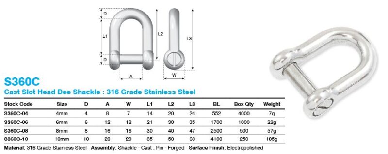 8MM SLOT HEAD D SHACKLE SS 316 - Image 2